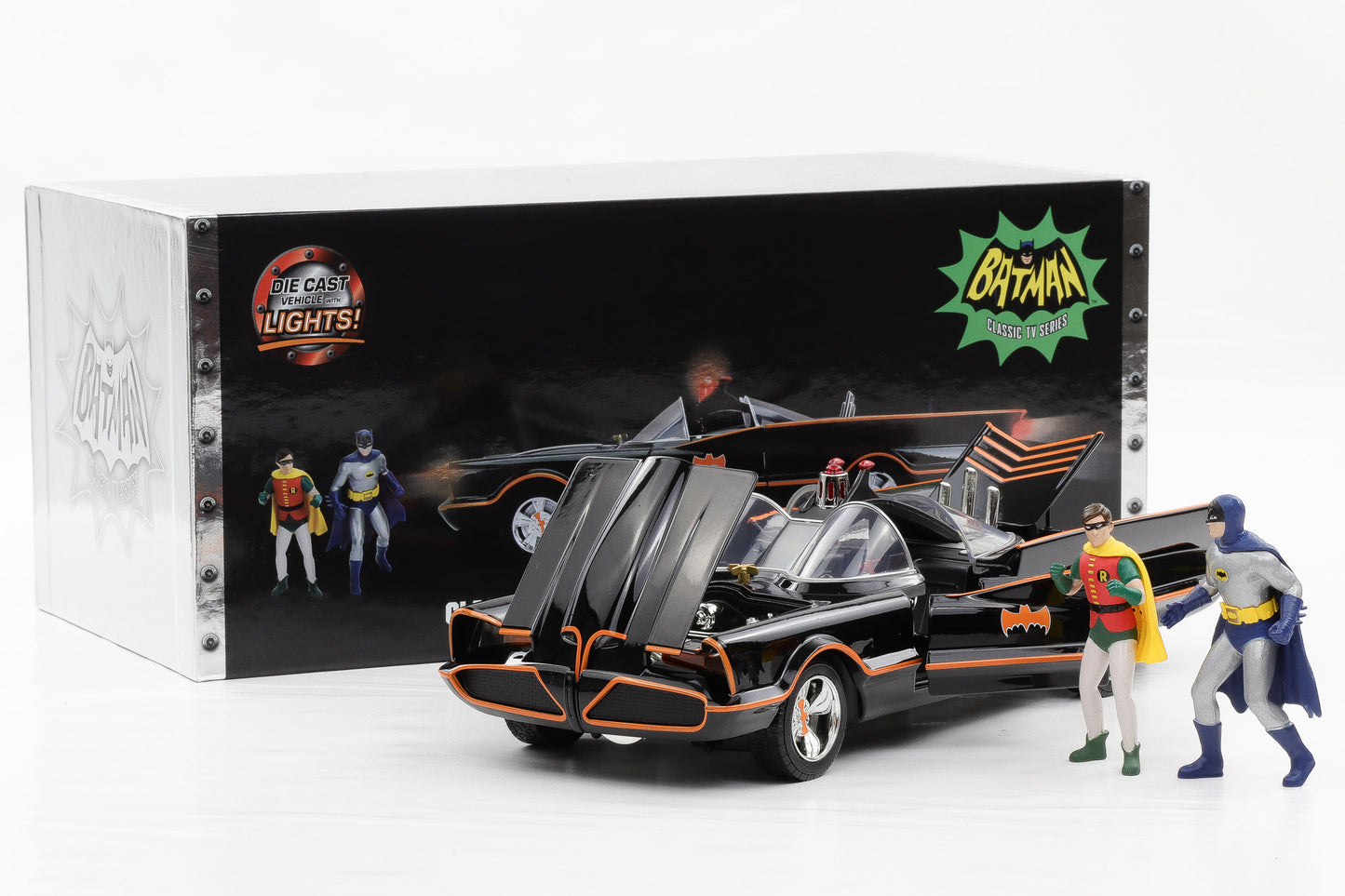 1:18 Jada Batman + Robin Classic 1966 Batmobile mit Figuren und Lichtfunktion