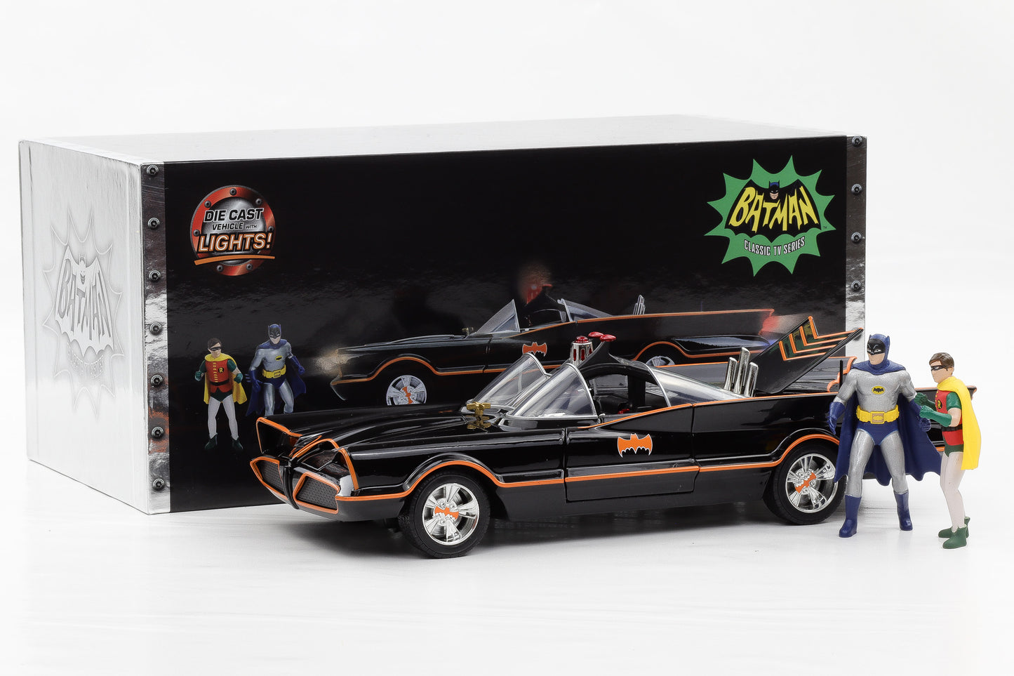 1:18 Jada Batman + Robin Classic 1966 Batmobile mit Figuren und Lichtfunktion
