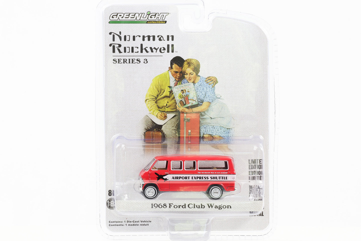 1:64 Greenlight Norman Rockwell - 1968 Ford Club Wagon Airport Express Shuttle red