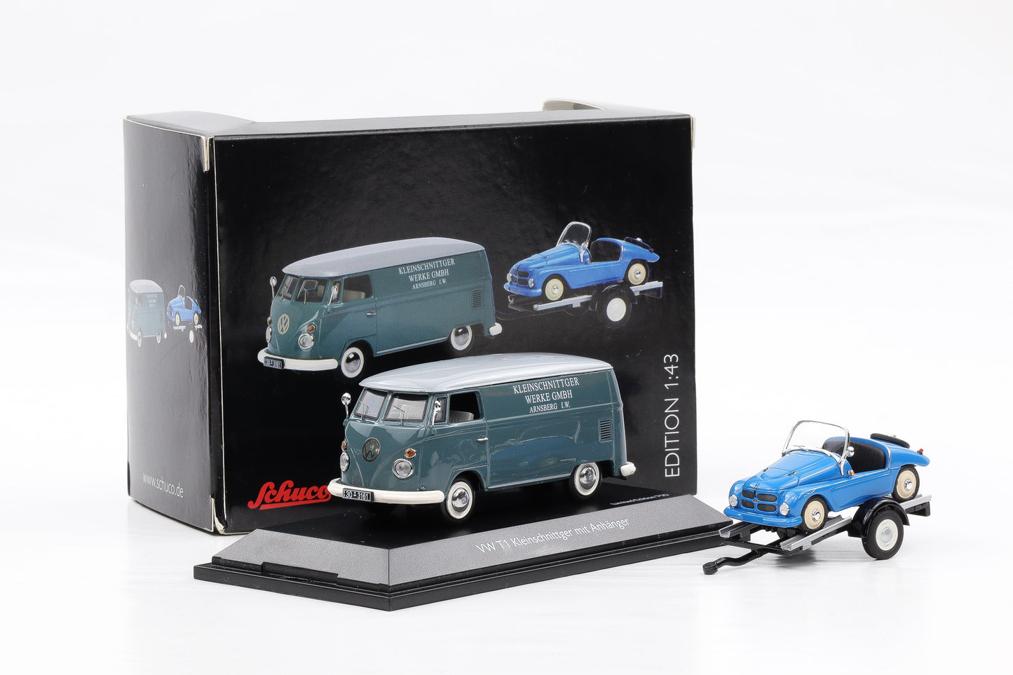 1:43 Schuco VW T1 Kastenwagen Kleinschnittger mit Anhänger und Fahrzeug