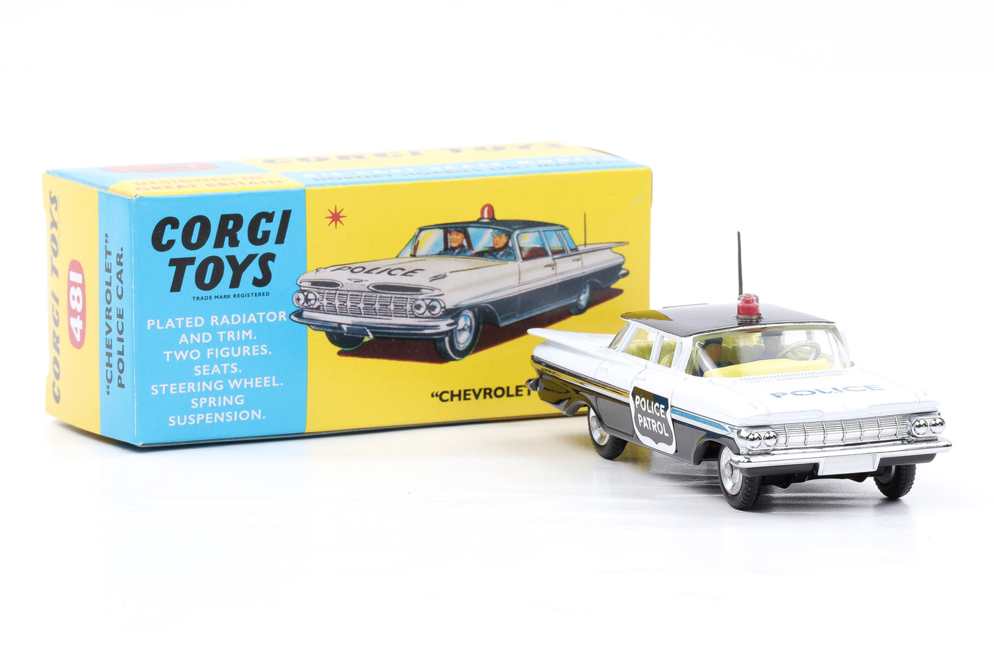 Corgi Toys Chevrolet Impala Police Car Patrol schwarz weiss Insassen 481 1:50 Repro
