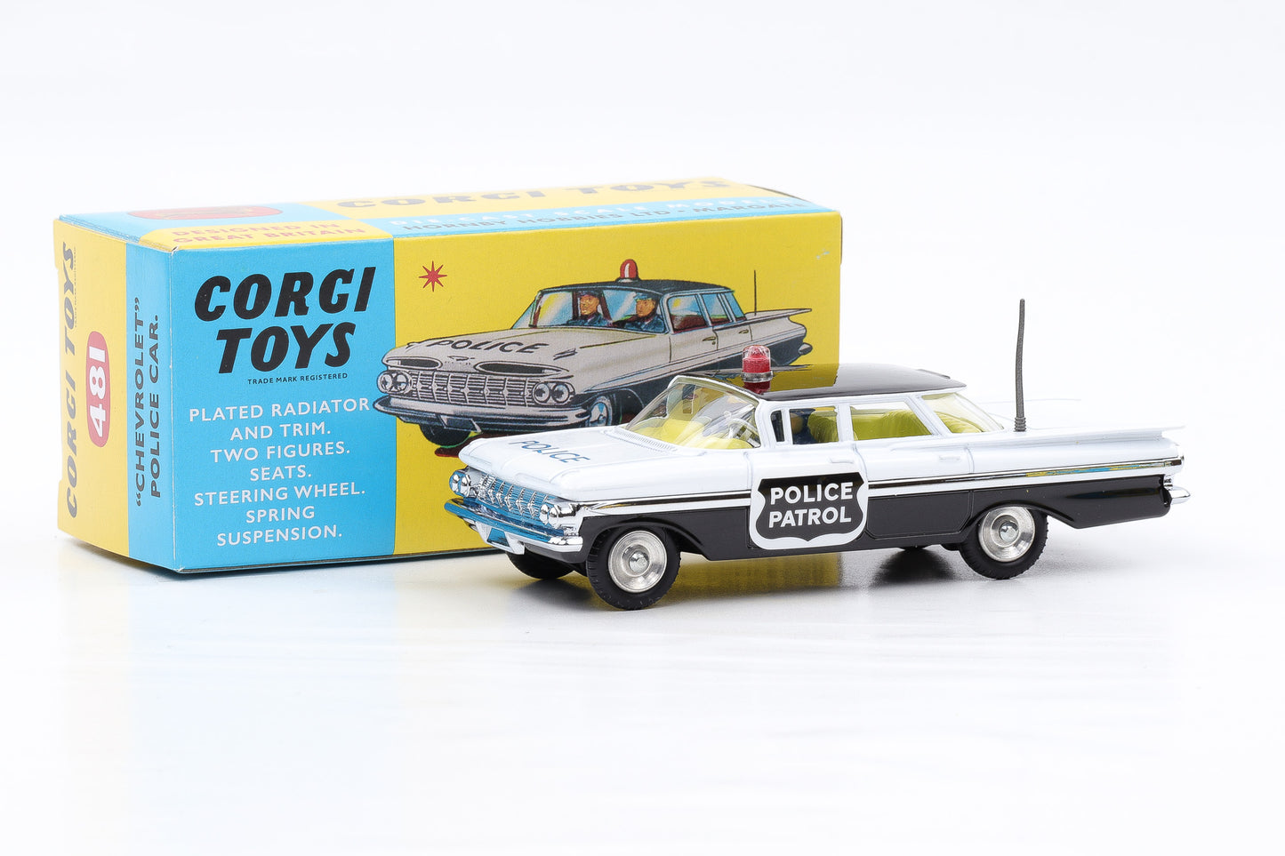 Corgi Toys Chevrolet Impala Police Car Patrol schwarz weiss Insassen 481 1:50 Repro