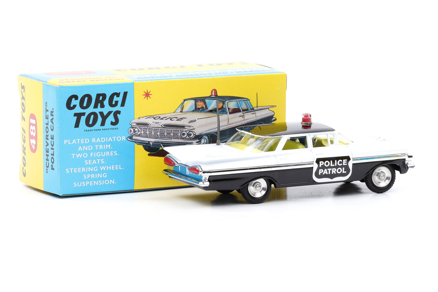Corgi Toys Chevrolet Impala Police Car Patrol schwarz weiss Insassen 481 1:50 Repro