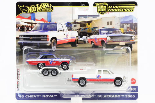 1:64 Hot Wheels '63 Chevy Nova + '88 Chevy Silverado 3500 Car Culture Team Transport #68