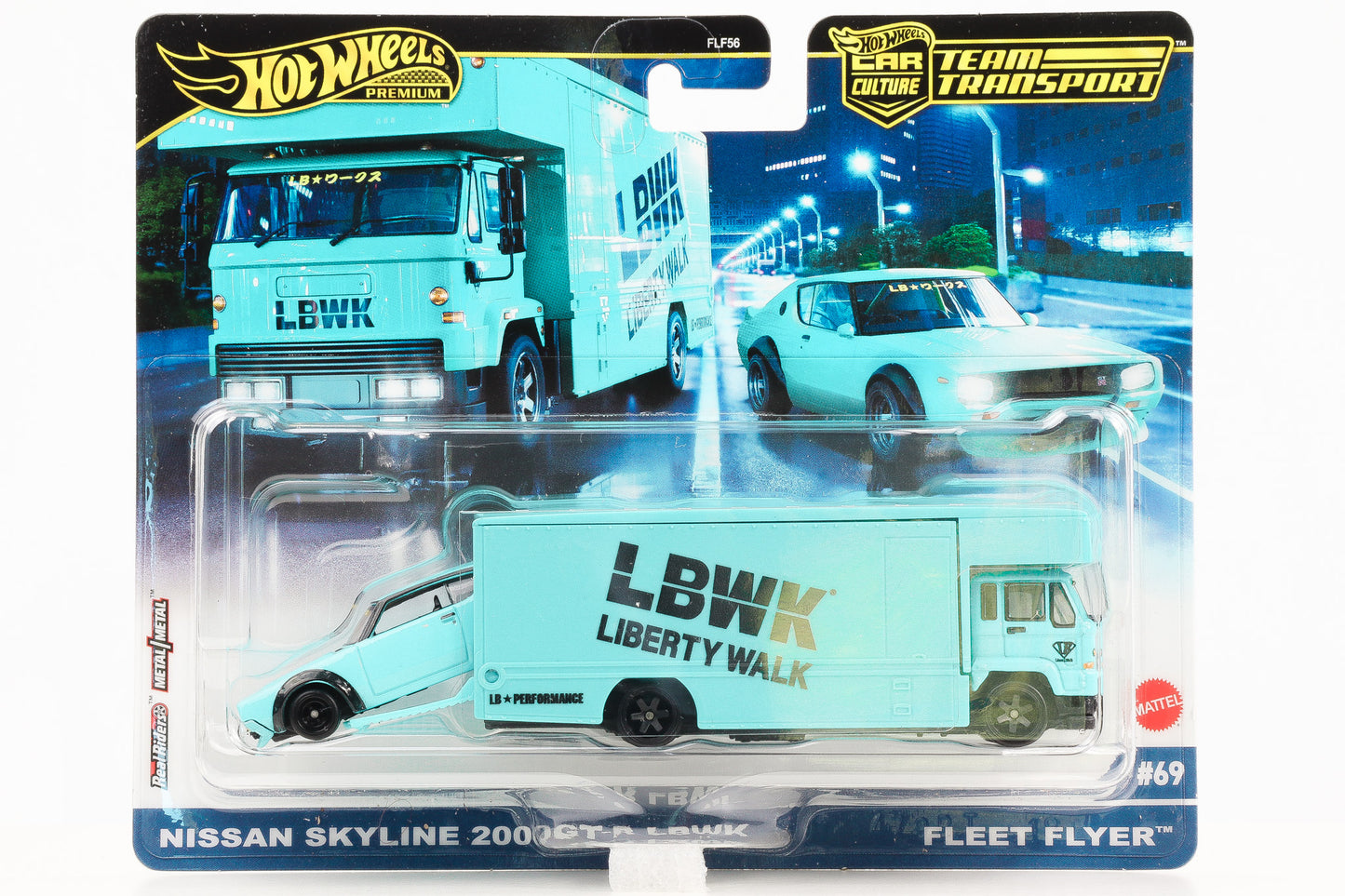 1:64 Hot Wheels Nissan Skyline 2000 GT-R LBWK + Fleet Flyer Car Culture Team Transport #69