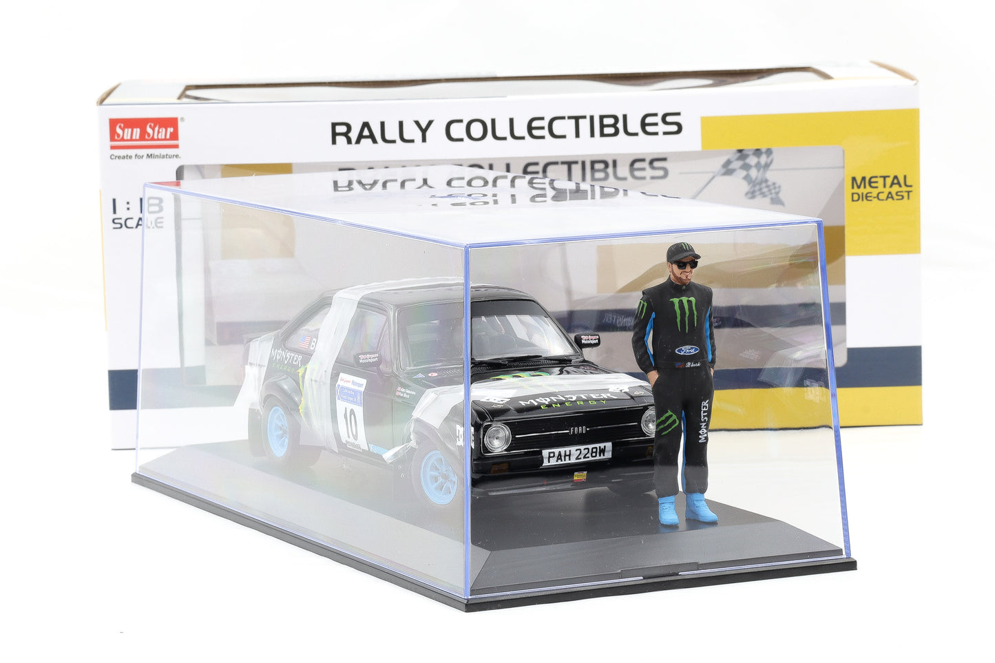 1:18 Ford Escort RS 1800 MK II McRae Rally 2008 mit Ken Block Figur / Vitrine