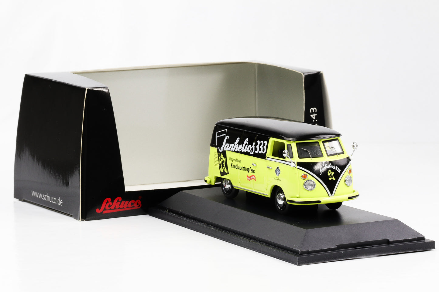 1:43 VW T1 panel van Sanhelios one yellow-black Schuco 03077