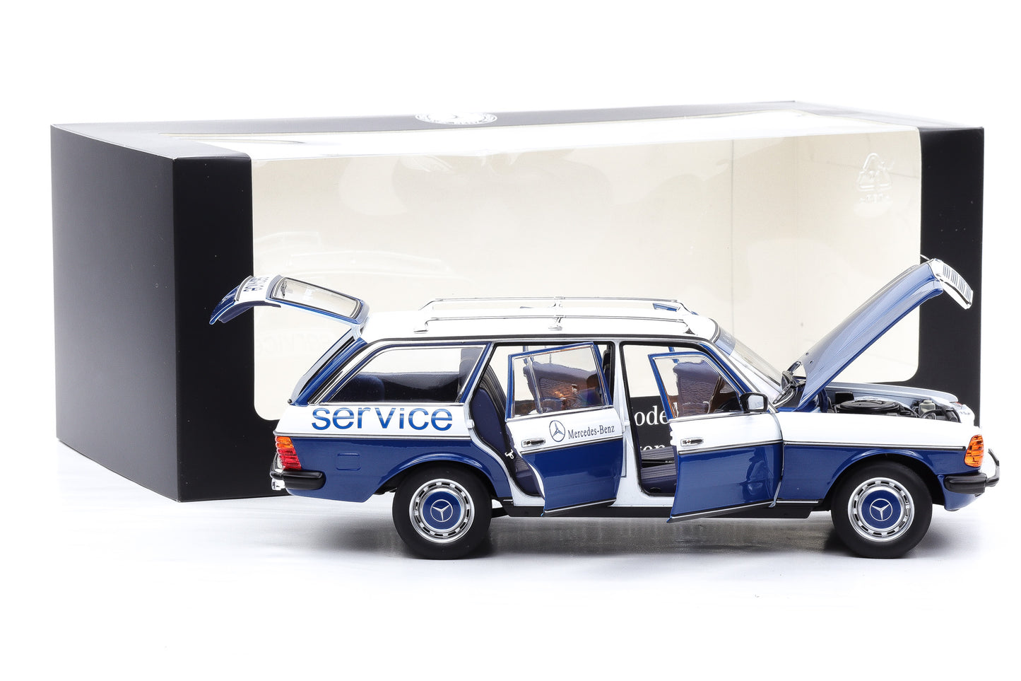 1:18 Norev Mercedes-Benz 200 W123 Servicewagen opening Dealer mit Vitrine