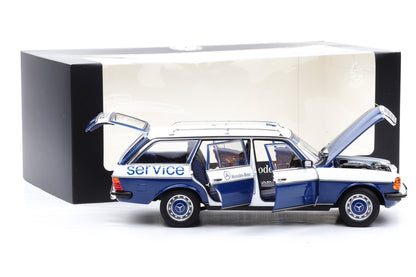 1:18 Norev Mercedes-Benz 200 W123 Servicewagen opening Dealer mit Vitrine