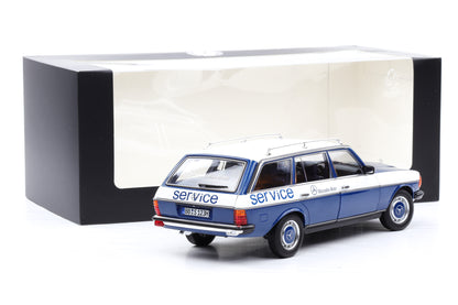 1:18 Norev Mercedes-Benz 200 W123 Servicewagen opening Dealer mit Vitrine