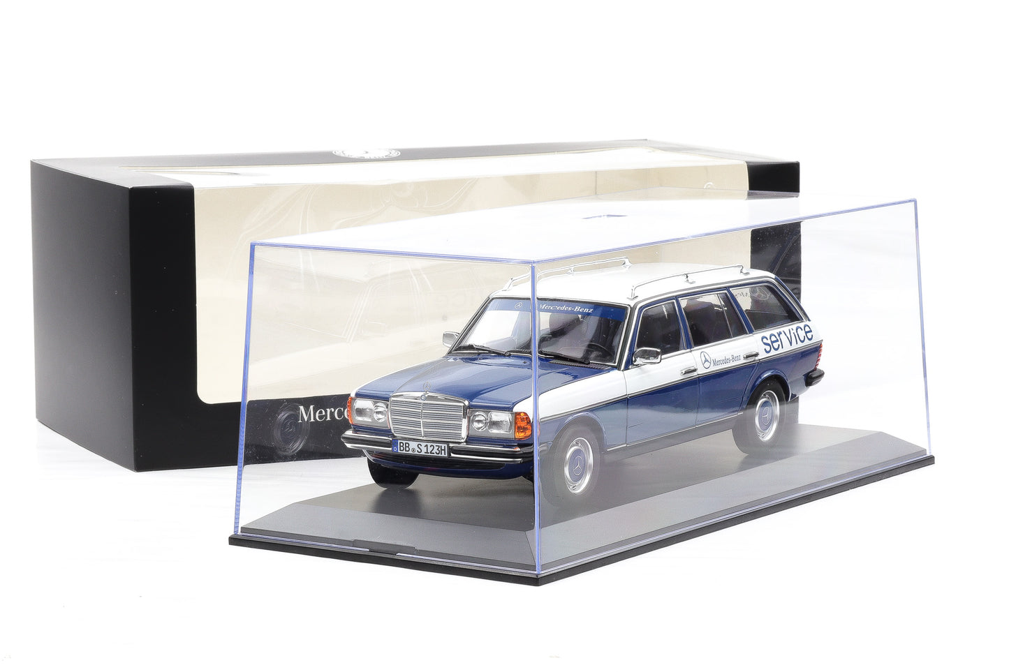 1:18 Norev Mercedes-Benz 200 W123 Servicewagen opening Dealer mit Vitrine