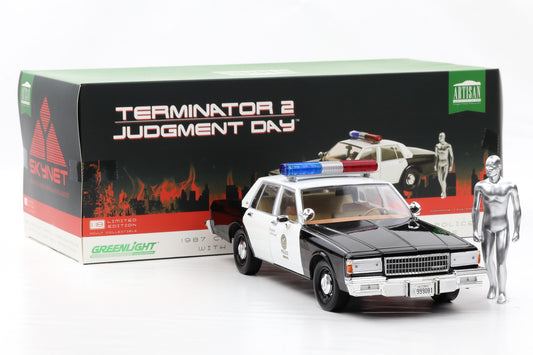 1:18 Greenlight Chevrolet Caprice Police 1987 Terminator 2 mit T-1000 Figur Moviecar