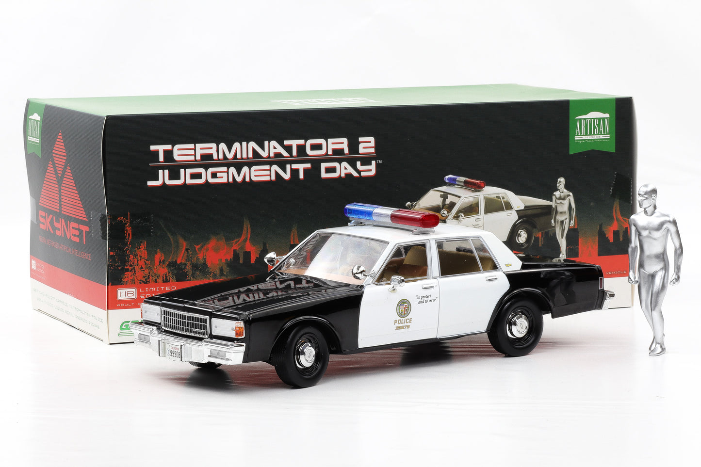 1:18 Greenlight Chevrolet Caprice Police 1987 Terminator 2 mit T-1000 Figur Moviecar