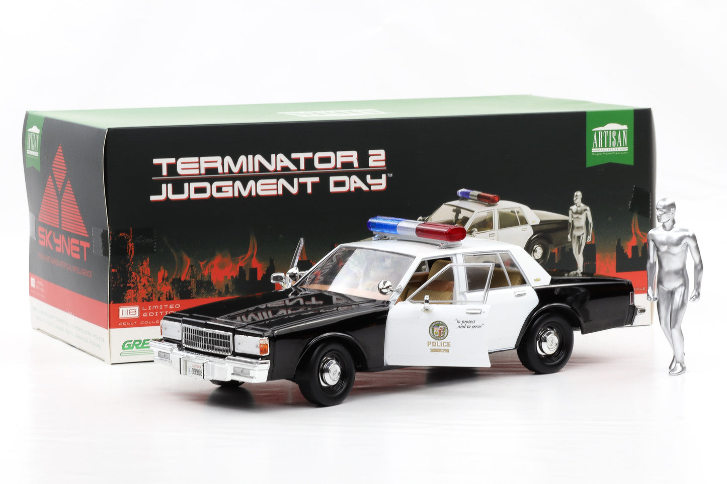 1:18 Greenlight Chevrolet Caprice Police 1987 Terminator 2 mit T-1000 Figur Moviecar