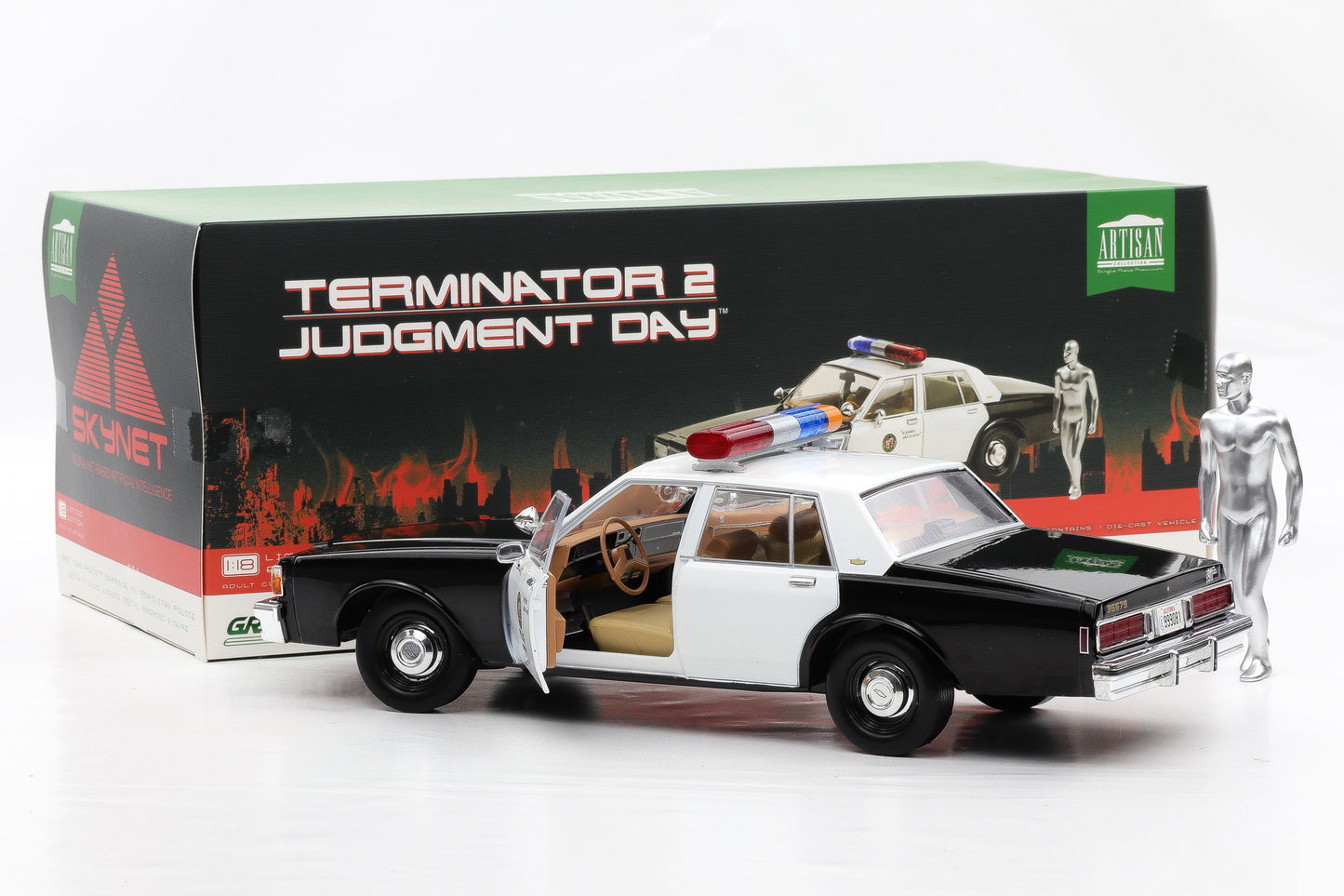 1:18 Greenlight Chevrolet Caprice Police 1987 Terminator 2 mit T-1000 Figur Moviecar