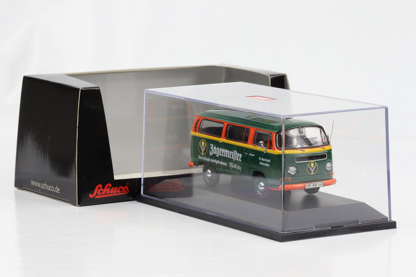 1:43 VW T2a Bus Jägermeister green-orange Schuco diecast 450349400