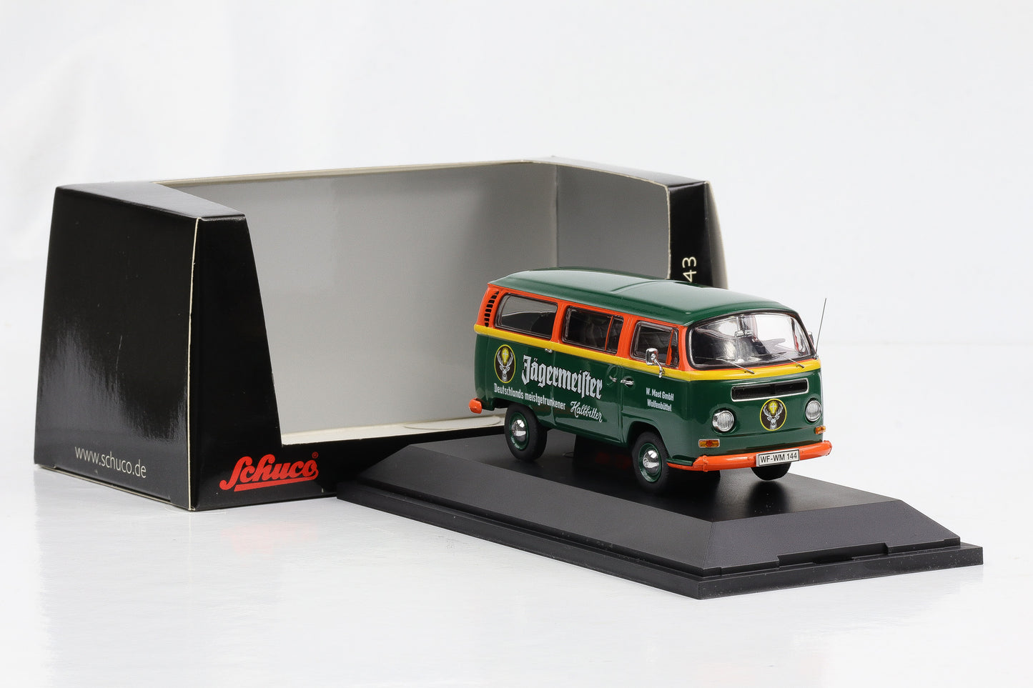 1:43 VW T2a Bus Jägermeister green-orange Schuco diecast 450349400