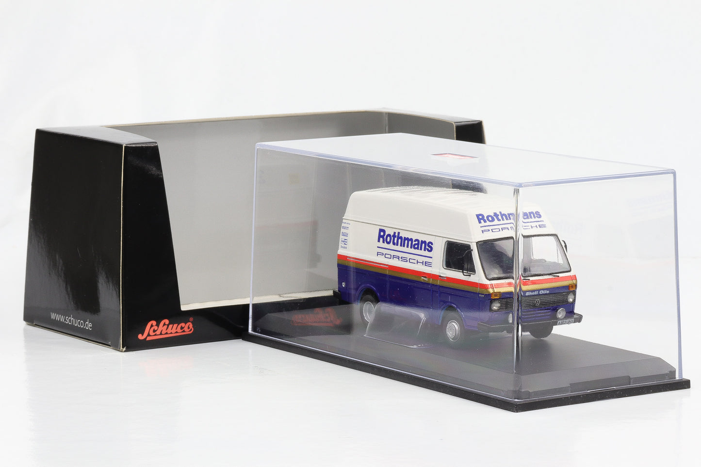 1:43 VW LT box with high roof Rothmans-Porsche white-blue Schuco diecast