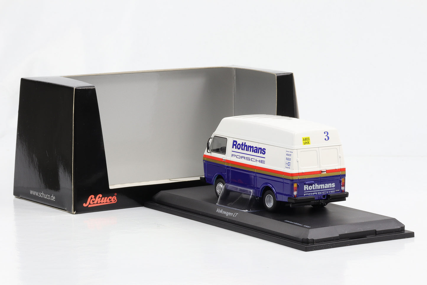 1:43 VW LT box with high roof Rothmans-Porsche white-blue Schuco diecast