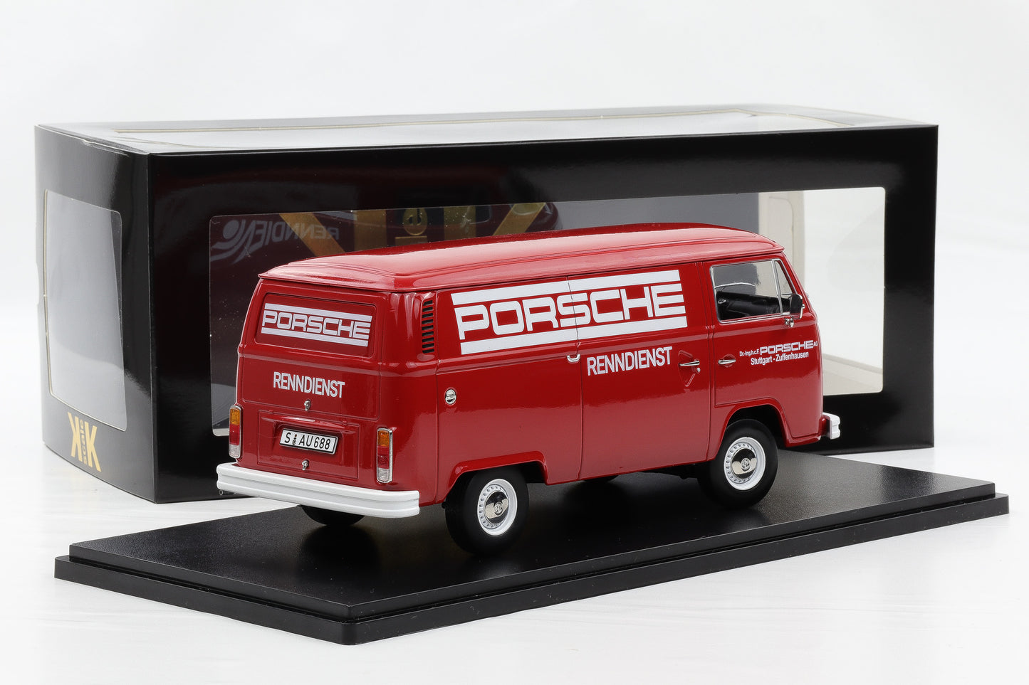 1:18 KK-Scale VW Volkswagen T2b Bus Kasten Porsche Renndienst 1972