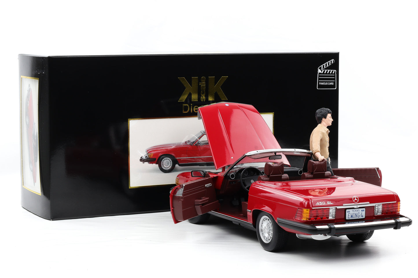 1:12 KK-Scale Mercedes-Benz 450 SL R107 US 1979 TV-Serie Dallas rot mit Figur