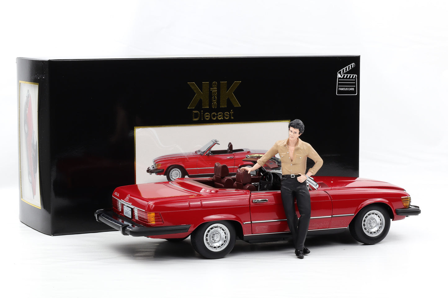 1:12 KK-Scale Mercedes-Benz 450 SL R107 US 1979 TV-Serie Dallas rot mit Figur