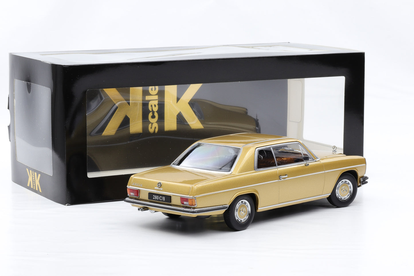 1:18 Mercedes-Benz 280C/8 Coupe W114 1969 metallic gold KK-Scale mit Vitrine