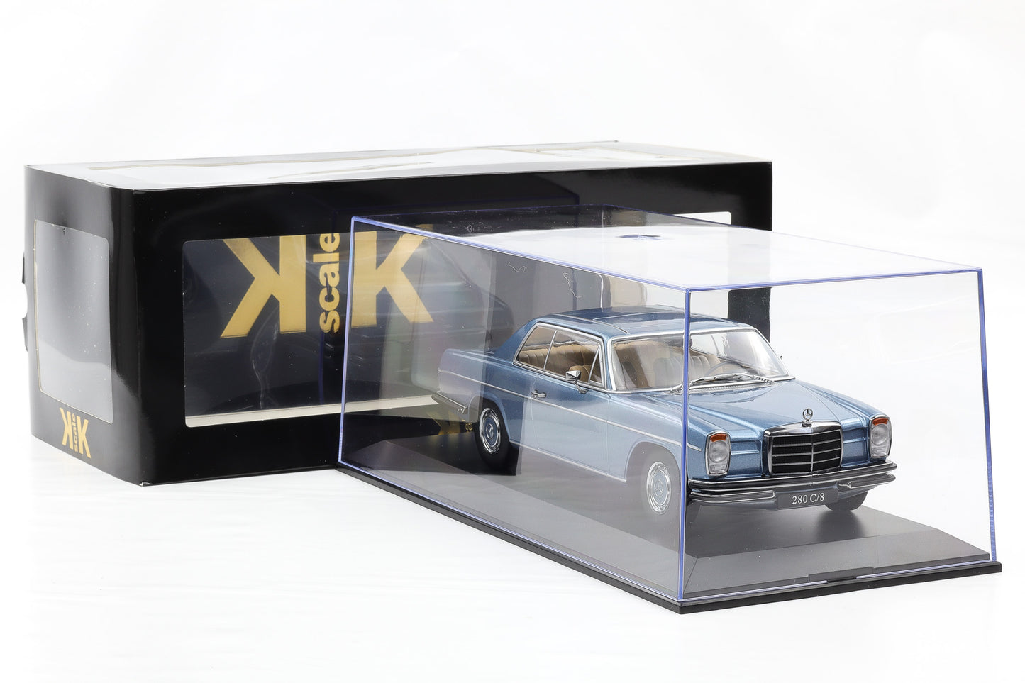 1:18 Mercedes-Benz 280C/8 Coupe W114 1969 metallic hellblau KK-Scale mit Vitrine