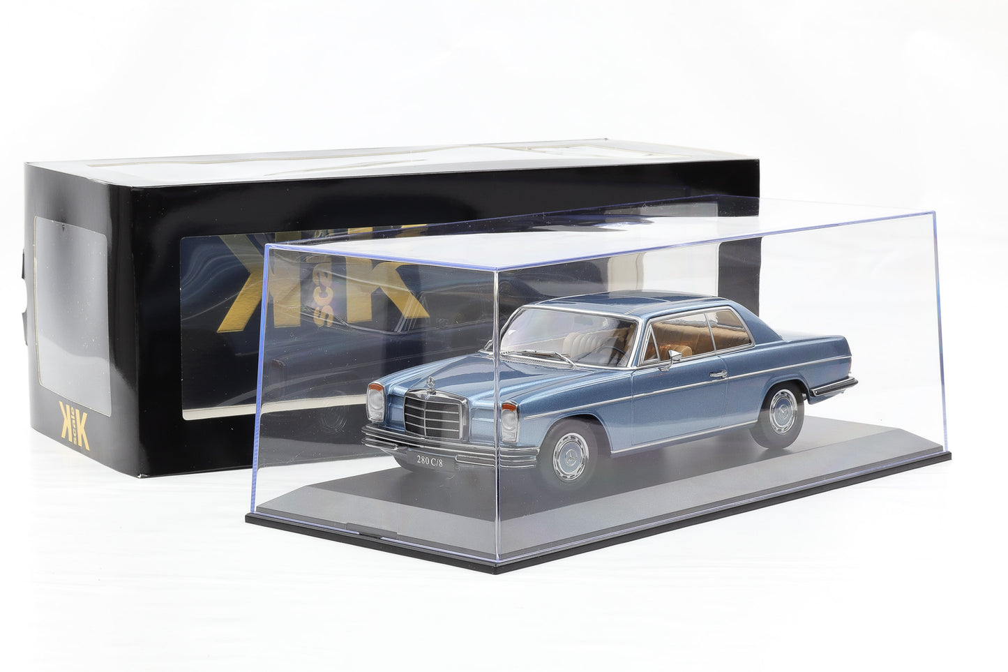 1:18 Mercedes-Benz 280C/8 Coupe W114 1969 metallic hellblau KK-Scale mit Vitrine