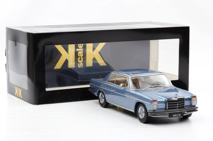 1:18 Mercedes-Benz 280C/8 Coupe W114 1969 metallic hellblau KK-Scale mit Vitrine