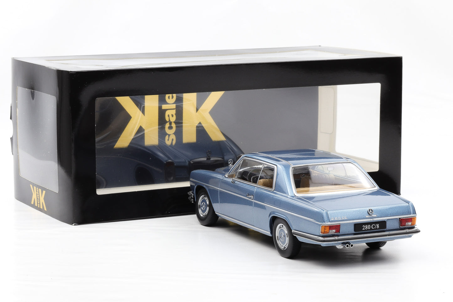 1:18 Mercedes-Benz 280C/8 Coupe W114 1969 metallic hellblau KK-Scale mit Vitrine