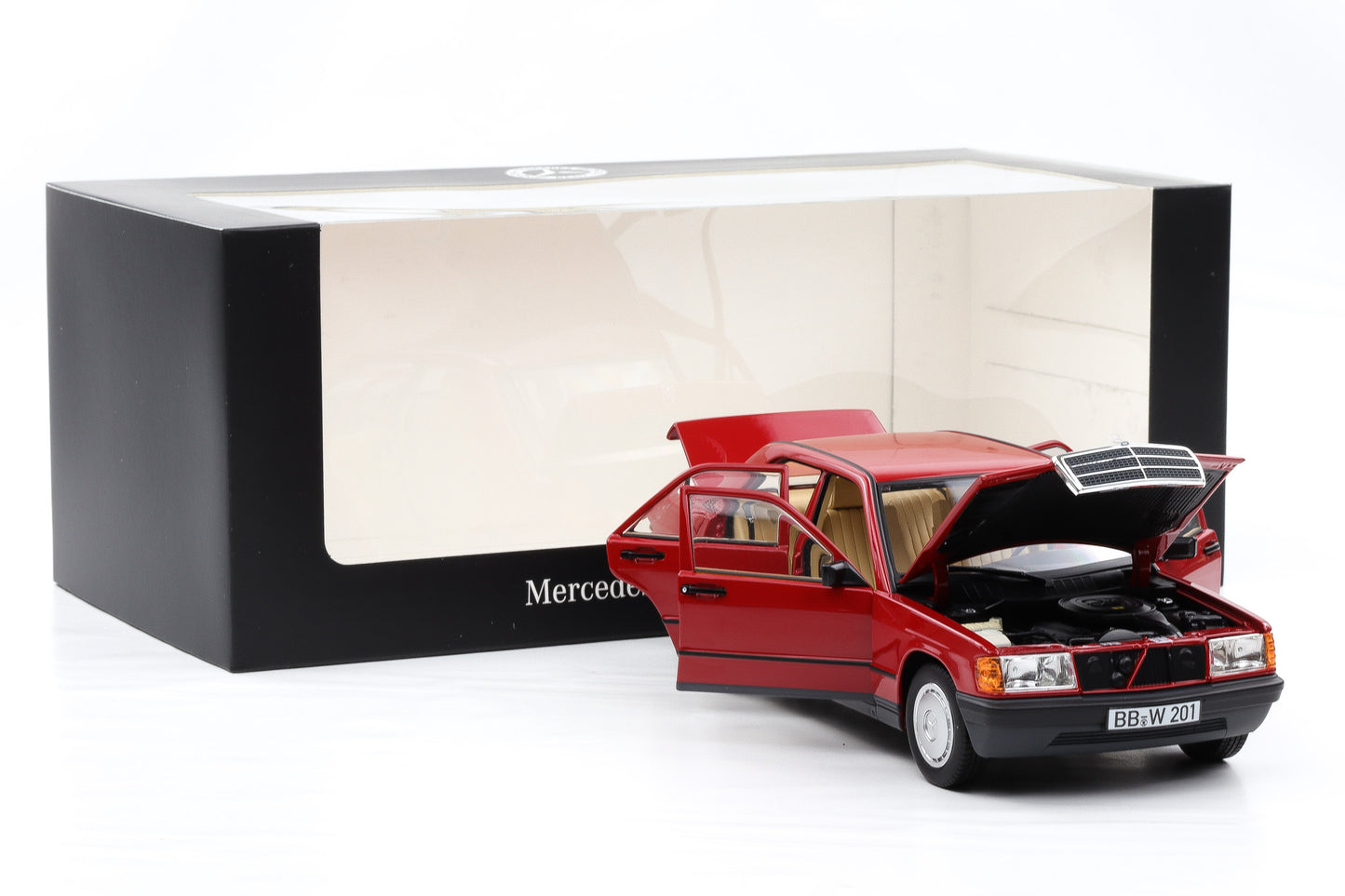 1:18 Norev Mercedes-Benz 190E W201 1982 rot opening Dealer mit Vitrine