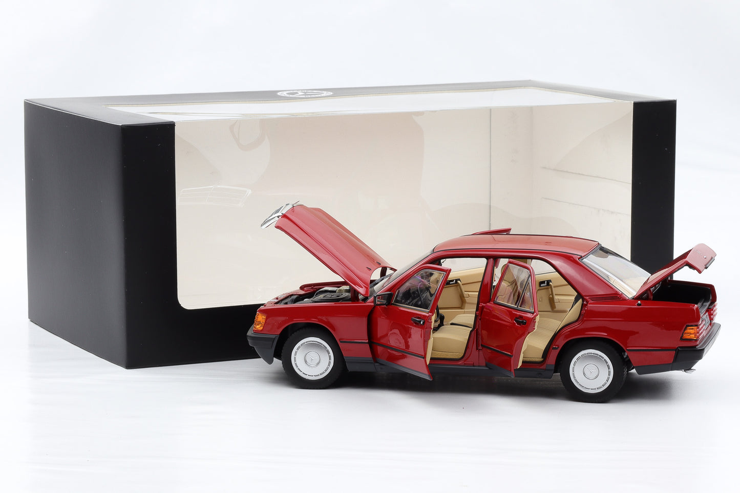 1:18 Norev Mercedes-Benz 190E W201 1982 rot opening Dealer mit Vitrine