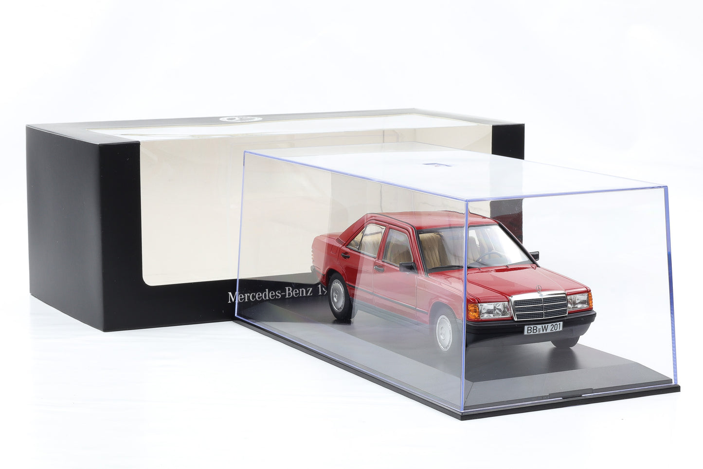 1:18 Norev Mercedes-Benz 190E W201 1982 rot opening Dealer mit Vitrine
