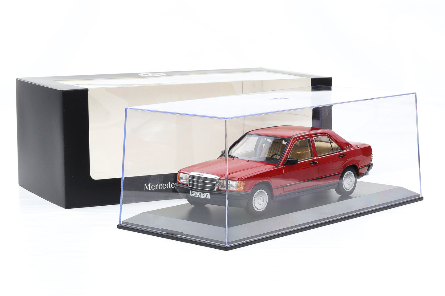 1:18 Norev Mercedes-Benz 190E W201 1982 rot opening Dealer mit Vitrine