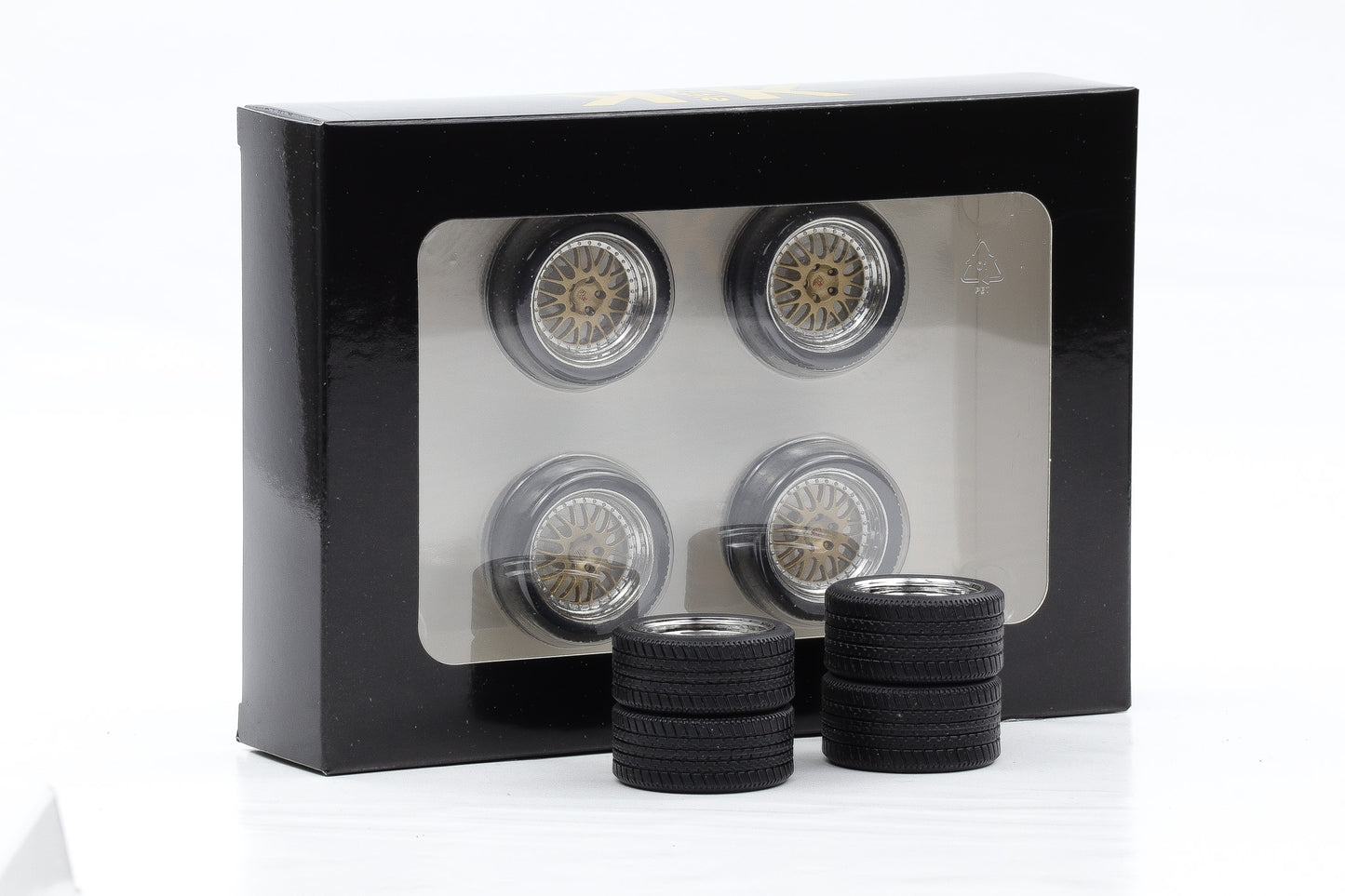 1:18 4 Felgen Set Porsche BBS polished silber gold 36 mm mit Reifen KK-Scale