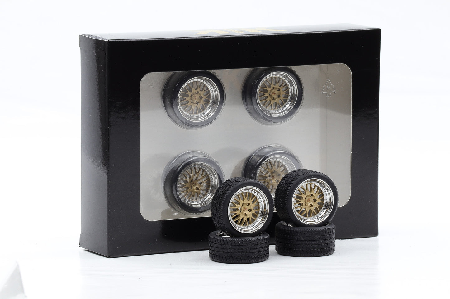1:18 4 Felgen Set Porsche BBS polished silber gold 36 mm mit Reifen KK-Scale
