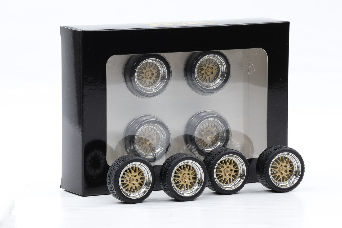 1:18 4 Felgen Set Porsche BBS polished silber gold 36 mm mit Reifen KK-Scale