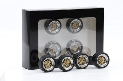 1:18 4 Felgen Set Porsche BBS polished silber gold 36 mm mit Reifen KK-Scale