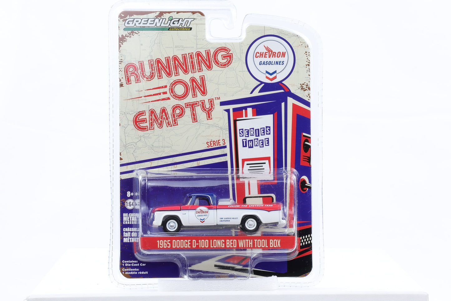 1:64 Greenlight 1965 Dodge D-100 Long Bed Chevron Gasoline Running on Empty Series