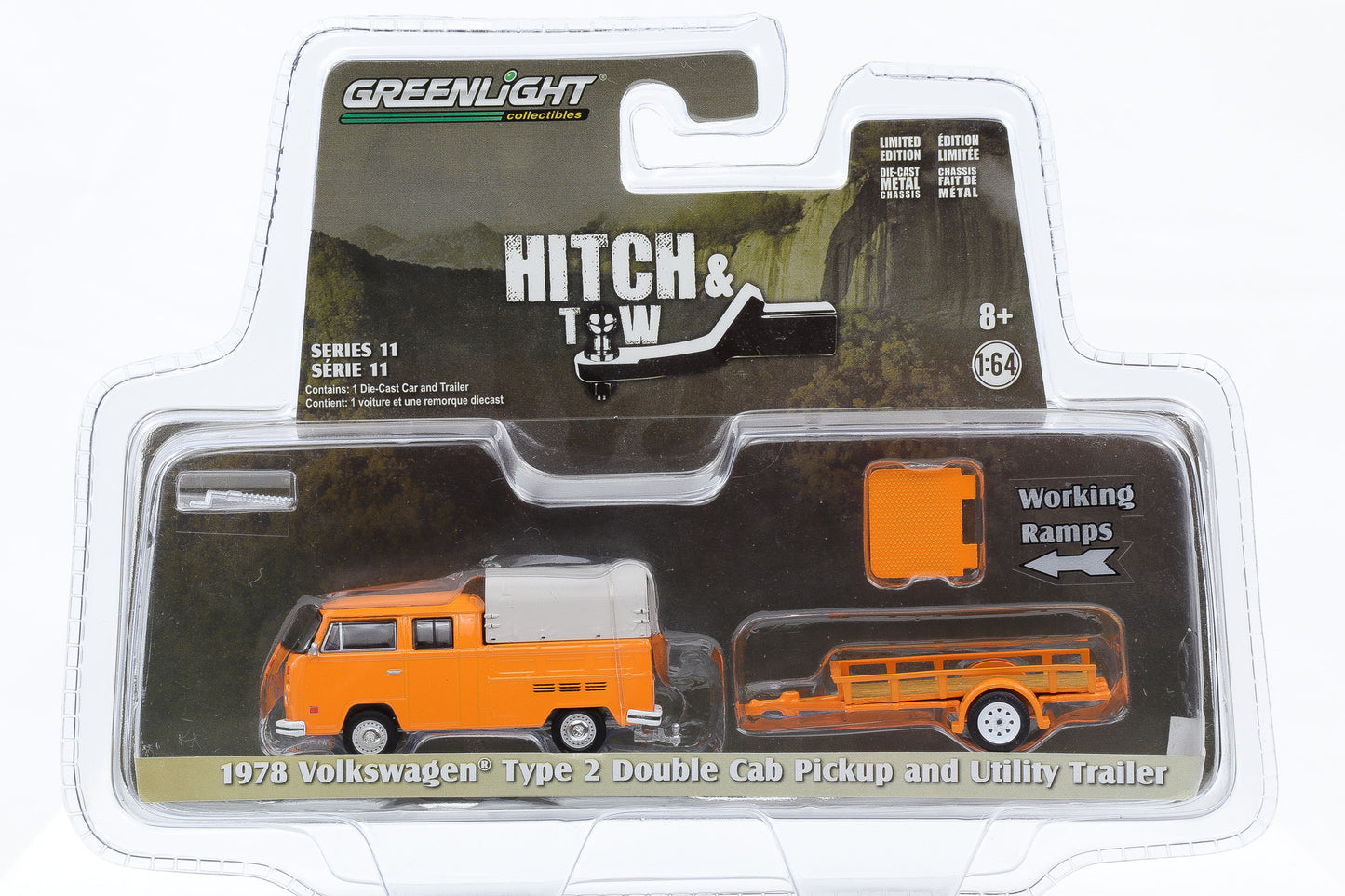 1:64 Greenlight 1978 VW T2 double Cab Pickup & Utility Trailer Hitch & Tow Series