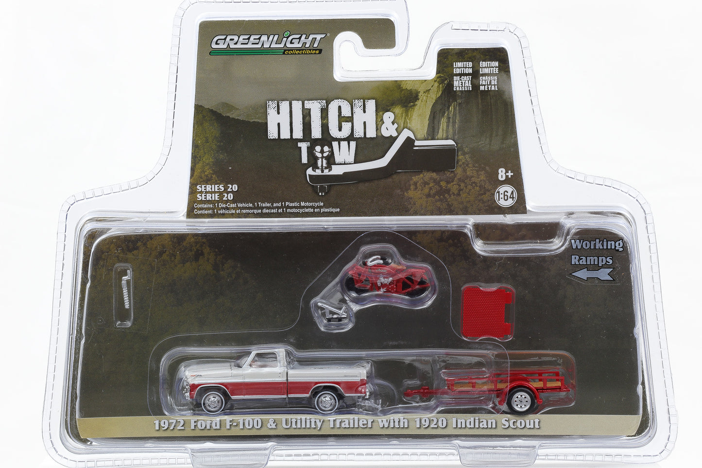 1:64 Greenlight 1972 Ford F-100 & Utility Trailer 1920 Indian Scout Hitch & Tow Series