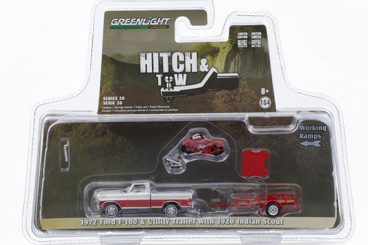 1:64 Greenlight 1972 Ford F-100 & Utility Trailer 1920 Indian Scout Hitch & Tow Series