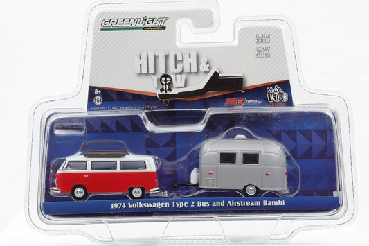 1:64 Greenlight 1974 VW T2 Bus and Airstream Bambi Hitch & Tow Series