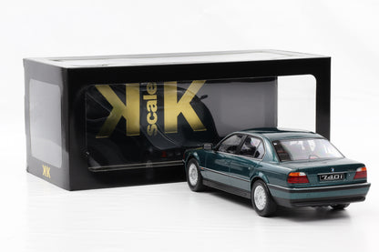 1:18 kk Scale BMW 740i E38 Serie 1 1994 Ascot Green Metallic (353) Diecast + Vitrine