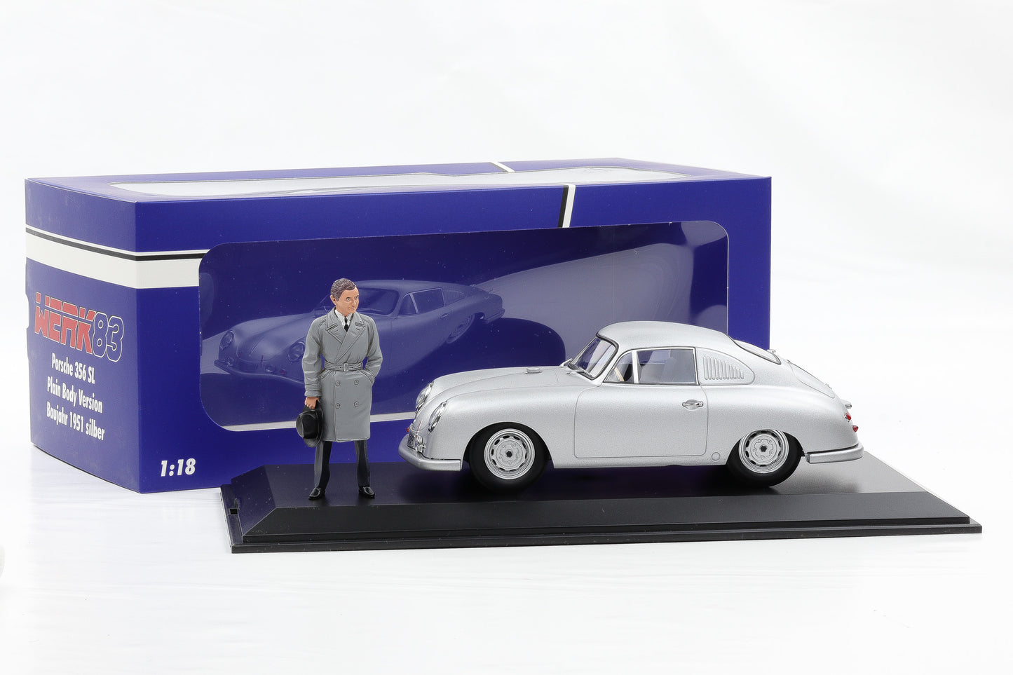 1:18 Werk83 Porsche 356 SL Plain Body 1951 silber + Figur Ferdinand + Vitrine