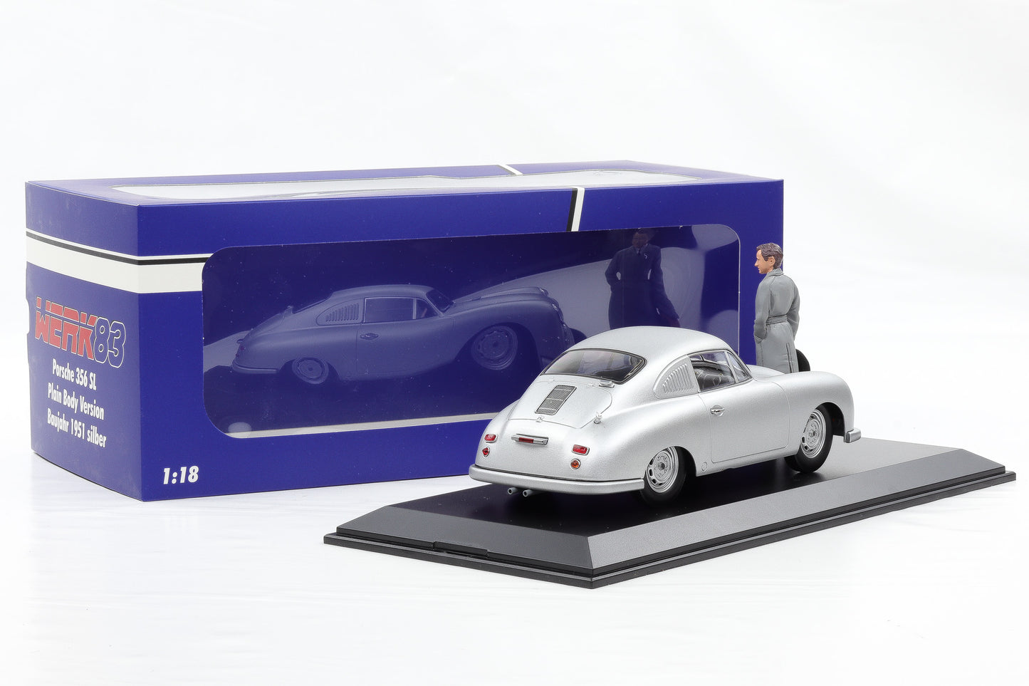 1:18 Werk83 Porsche 356 SL Plain Body 1951 silber + Figur Ferdinand + Vitrine