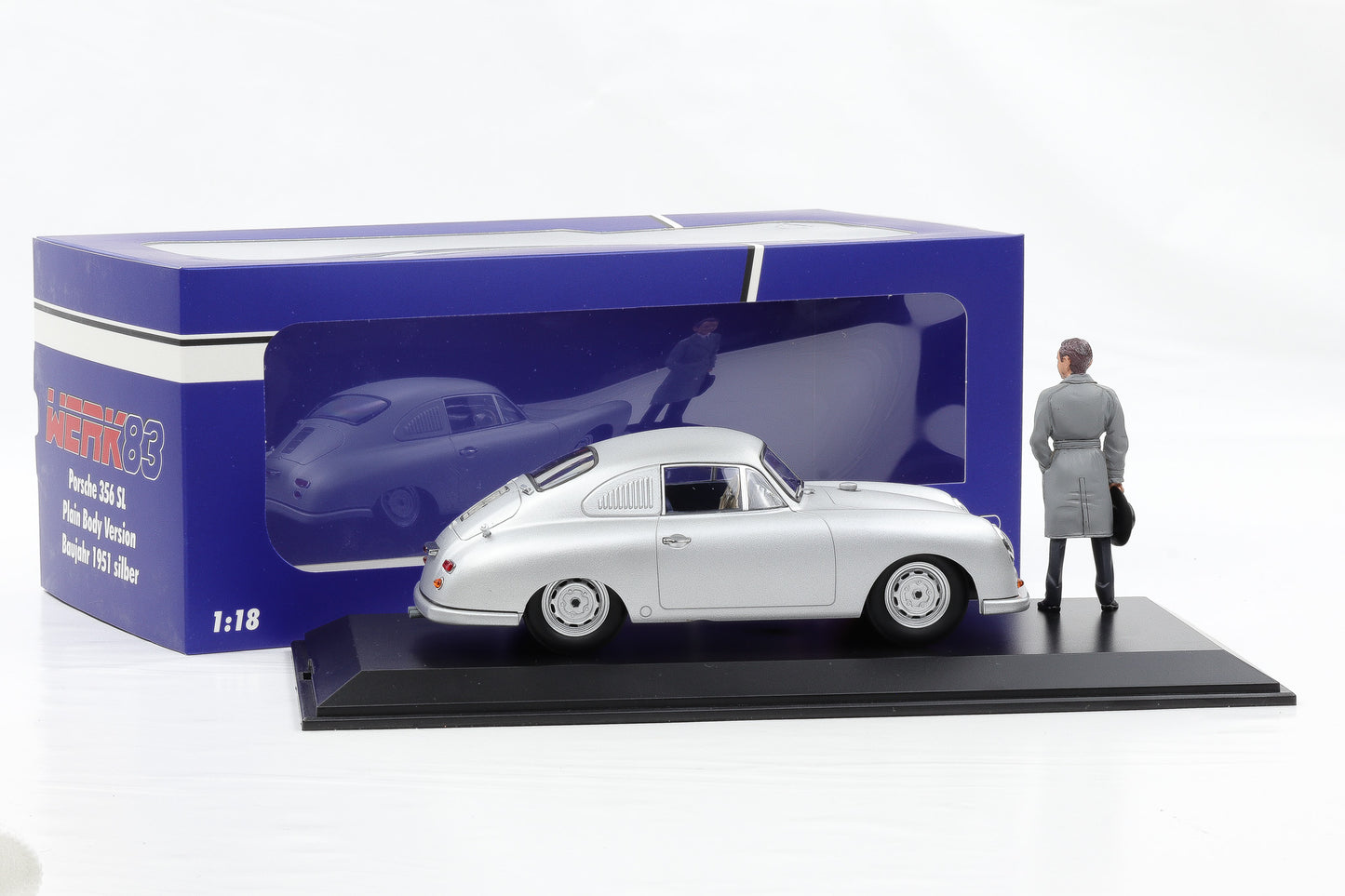 1:18 Werk83 Porsche 356 SL Plain Body 1951 silber + Figur Ferdinand + Vitrine
