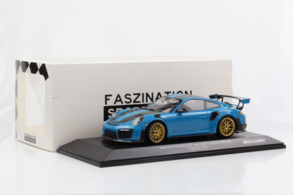 1:18 Porsche 911 GT2 RS 991.2 Weissach Package blau / goldene Felgen Minichamps