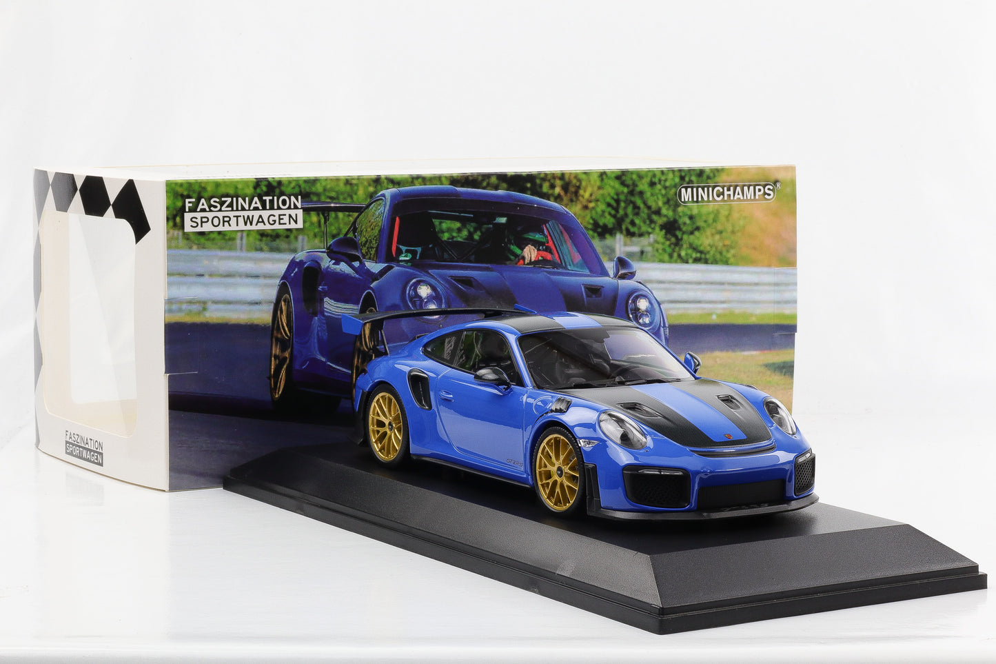 1:18 Porsche 911 991.2 GT2 RS 2018 Weissach Package blau / goldene Felgen Minichamps